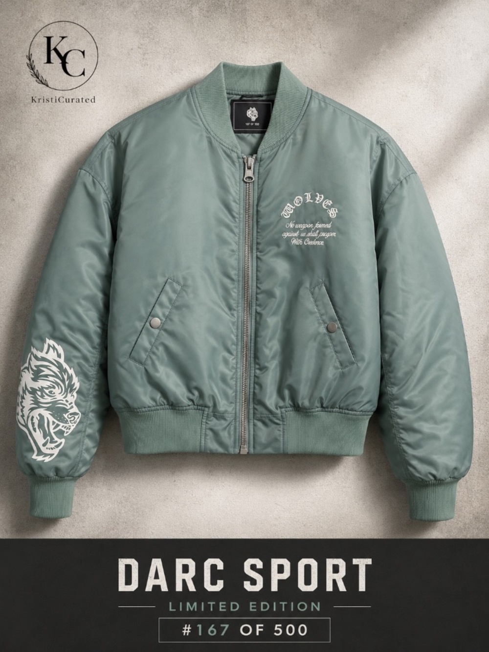 Darc Sport Wolves Limited Edition Bomber Jacket Sage Green #167/500 NWOT Large